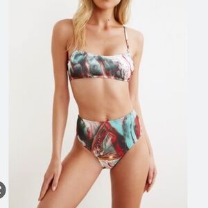 Trendyol Marble-Print High-Waist Bikini Set- Teal, Red, Black